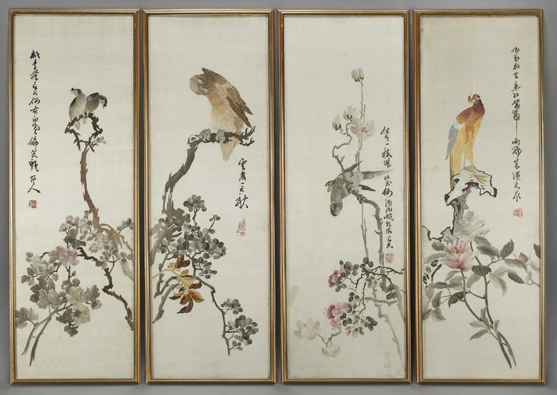 Chinese Shu School four panel embroidery screen: depicting birds and flowers. 41.5"H x 13.5"W, Circa - Early 20th C.