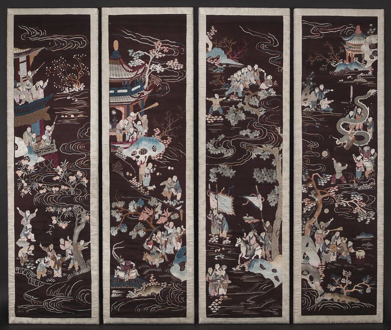 Chinese Republic four panel embroidered screen: depicting birds and landscapes. Each panel: 64"H x 18.25"W, Circa - 1911-1949.