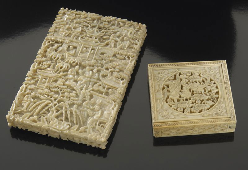 2 Pcs. Chinese Qing carved ivory including: (1) card case; (1) puzzle box. Largest: 4.25"H, Circa - 19th C.