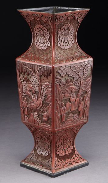 Chinese Qing cinnabar square vase: depicting figures in a landscape. 13"H x 4.5" Sq., Circa - 19th C.