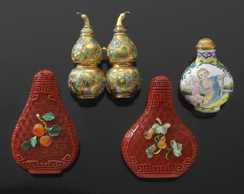 (4) Chinese snuff bottles including: (2) cinnabar and (2) enamel over bronze. 3"H, Circa - 20th C.