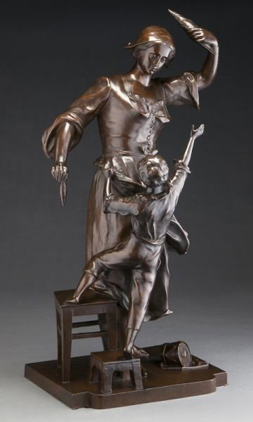 Antide Pechine bronze sculpture of a woman: and child, with dark brown patina, signed and dated 1886. Antide Marie Pechine (French B.1855). 29"H x 13"W x 10"D,