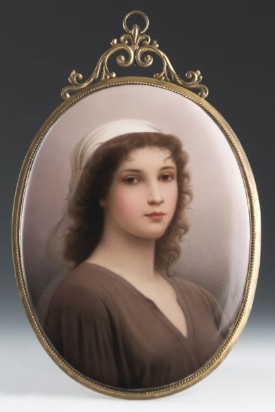 Wagner KPM Berlin painted porcelain plaque: depicting Ruth, after Landelle. Signed lower right, "Wagner". The verso impressed with "KPM", scepter and other various marks. Plaque: 8.75''H x 6.75''W; Frame; 11.25"H x 7.25"W, Circa - Late 19th C.