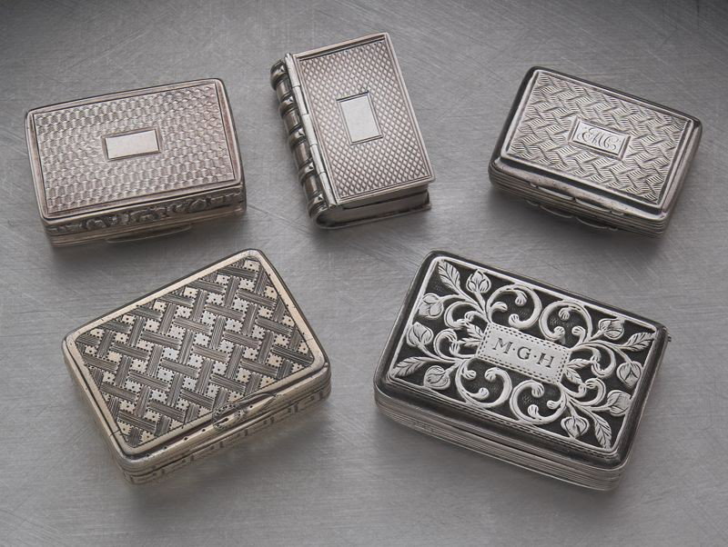 (5) English sterling silver vinaigrettes,: including: (1) George III sterling vinaigrette with basket weave engraving, marked for John Robert or Robins, London, 1804; (1) George IV sterling vinaigrette with floral engraving and elaborate pierc