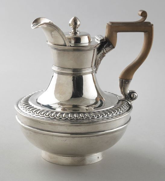 Paul Storr sterling silver tea pot: with insulating wood handle. Marked for Paul Storr, London, 1811. 24.11 ozt. with handle. 7.25''H,