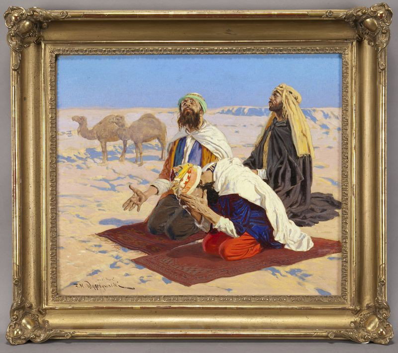 Felix Wygrzywalski oil painting on canvas,: "Prayers in the Desert". Canvas: 22''H x 26''W; Frame: 29''H x 33''W. Signed lower left, "FM Wygrzywalski". Felix Wygrzywalski (Polish 1875-1944).