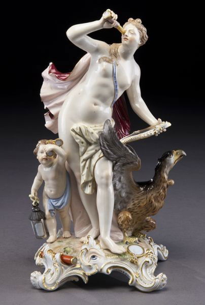 Meissen porcelain figure depicting the sense: "sight". Cross swords mark in blue under glaze, as well as impressed, incised and over glaze numerals. 10.25"H, Circa - Late 19th C.