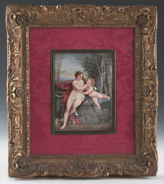French Limoges enamel on copper plaque: depicting Venus and Cupid. Signed, "A Emarchand 71". Copper: 4.5''H x 3.5''W; Frame: 9.5"H x 8.5"W. Circa - 1900.