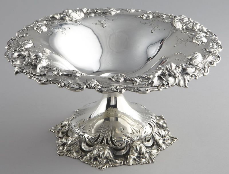 J.B. Hudson and Co. sterling silver compote: stamped, "J B Hudson Sterling 1801". 28.65 ozt. 6''H x 12.25'' Dia., Circa - 1900.