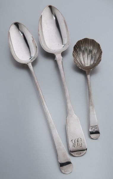 (3) Georgian sterling silver serving pieces: including: (1) George III sterling silver stuffing spoon, marked for Charles Hougham, London, 1786; (1) George IV sterling silver stuffing spoon, monogrammed, marked for John, Henry and Charles Lias,