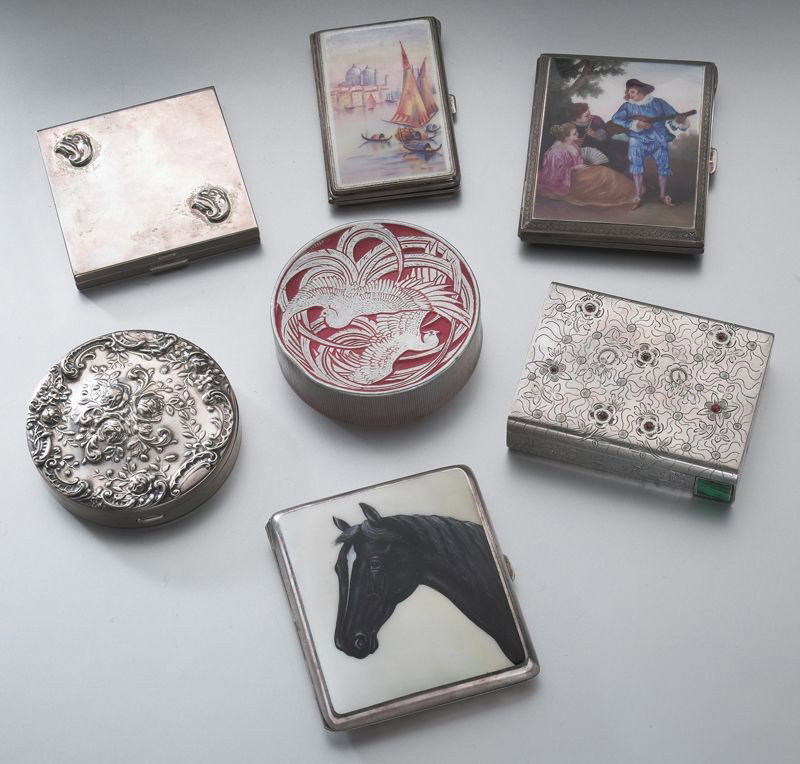 (7) Assorted small silver cases, including: 1) English sterling and enamel cigarette case; 2) 900 silver and enamel cigarette case; 3) Alpacca silver and enamel cigarette case; 4) Georg Jensen sterling compact; 5) Gorham sterling compact; 6) 80