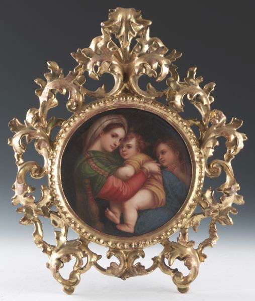 KPM style porcelain plaque after Raphael's: "Maddon della Sedia", in a pierced scrolled gilt wood frame. Frame: 12.5''H x 10.5''W, Circa - 19th C.