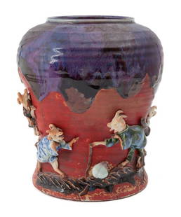 Large Sumida Gawa vase,: Large Sumida Gawa vase, decorated with (6) goats. 12"H x 10" dia., Circa - 1900.