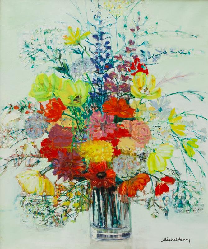 Michel Henry "Bouquet d'Ete" oil on canvas.: Michel Henry "Bouquet d'Ete" oil on canvas. Signed lower right, "Michel Henry", titled on verso. Canvas: 26"H x 21.25"W; Frame: 32"H x 27.5"W. PROVENANCE: Wally Findlay Galleries (label to verso). Mic