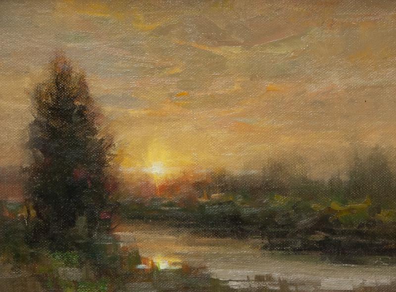 Rusti Warner "Mile Fish River at Dusk" oil: Rusti Warner "Mile Fish River at Dusk" oil on canvas laid on board, 2008. Signed lower left, "Rusti Warner". Signed, titled, and dated to verso. Canvas: 8"H x 9.5"W; Frame: 14.25"H x 16.5"W. Rusti War