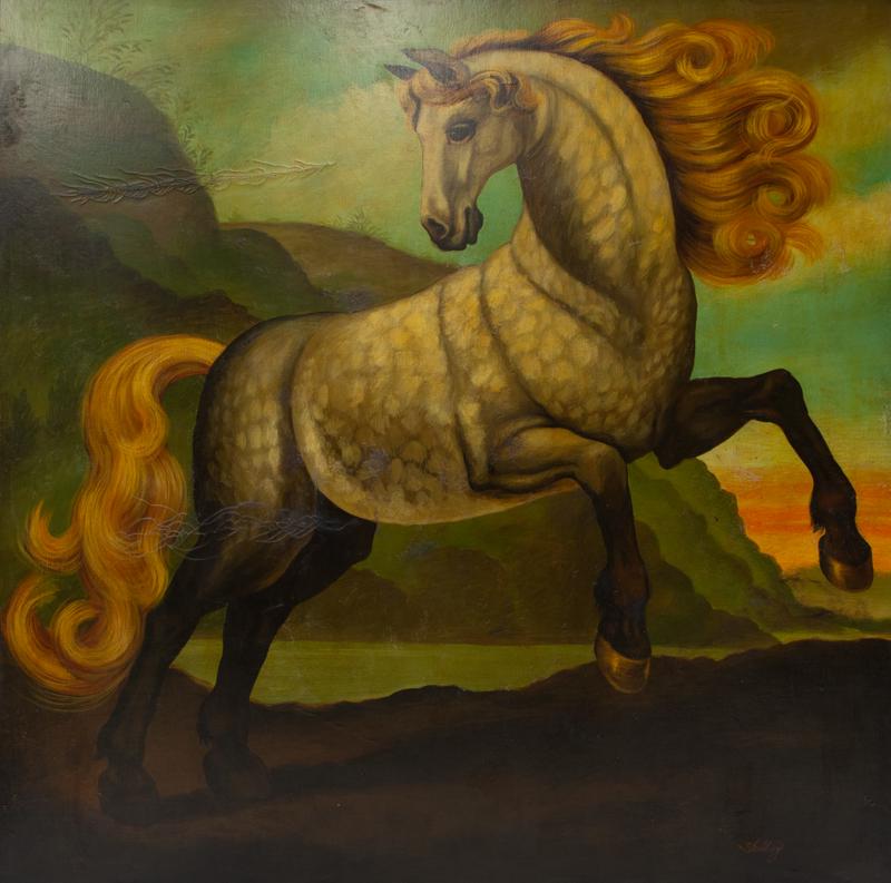 William Skilling "Horse with Golden Mane": William Skilling "Horse with Golden Mane" oil on canvas. Signed lower right "Skilling". Canvas: 48"H x 48"W; Frame: 54"H x 54"W.