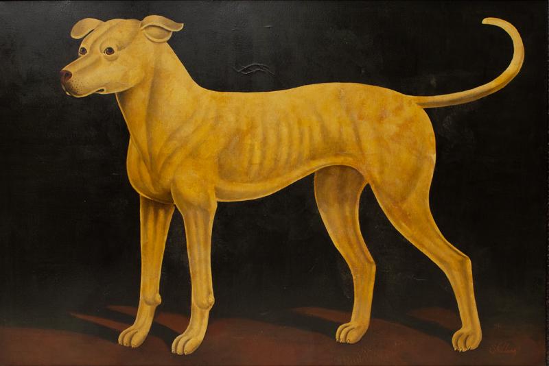 William Skilling "Yellow Dog" oil on canvas.: William Skilling "Yellow Dog" oil on canvas. Signed lower right, "Skilling". Canvas: 36"H x 54"W; Frame: 41.75"H x 59.75"W.