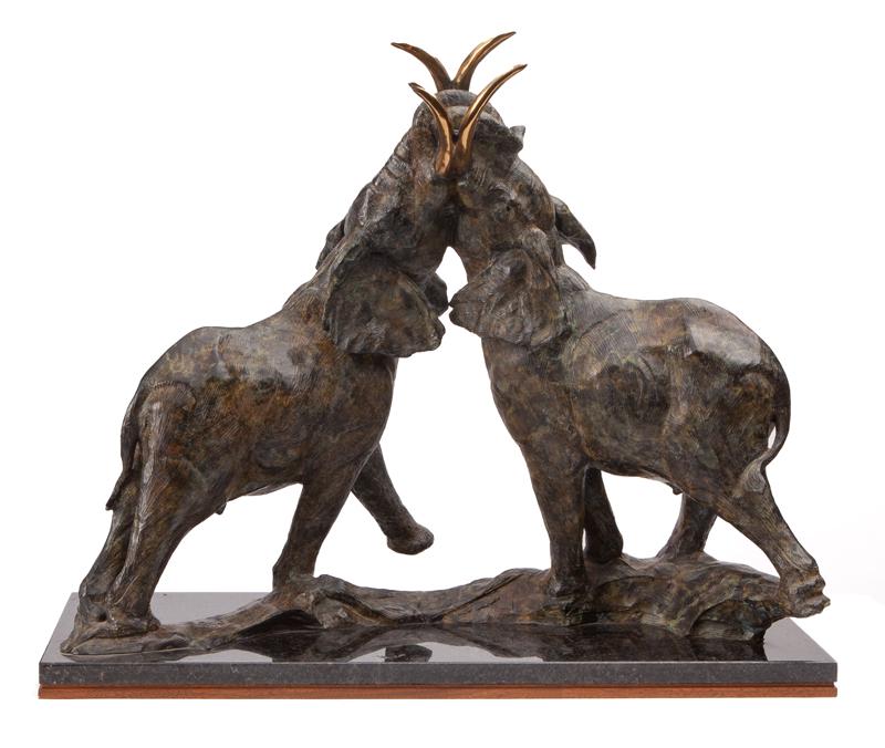 Dan Ostermiller "Savannah Dispute" bronze.: Dan Ostermiller "Savannah Dispute" bronze. Signed, dated and numbered to base, "Dan Ostermiller 1989 6/20". Bronze: 21"H x 26"W x 10"D; Overall: 23"H x 27"W x 11"D. Dan Ostermiller (American, b. 1956)