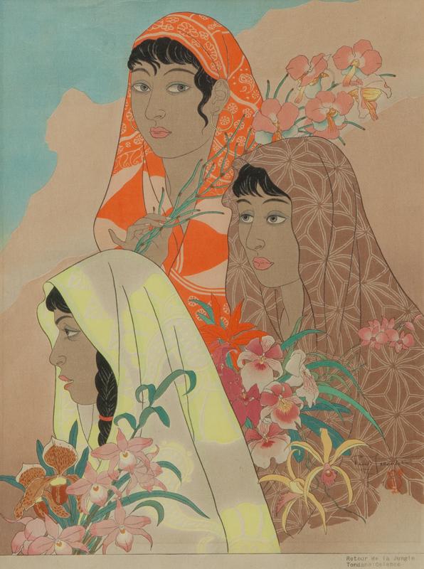 Paul Jacoulet "Retour de la Jungle Tondano:: Paul Jacoulet "Retour de la Jungle Tondano: Celebes" woodblock print, 1948. Signed and stamped at right, "Paul Jacoulet" with Chick seal. Site: 16"H x 11.5"W ; Frame: 26"H x 19.25"W. PROVENANCE: From 