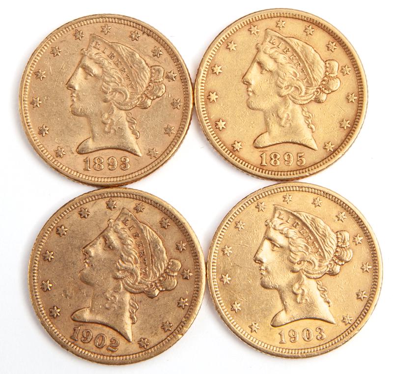 Group (4) US $5 Gold Liberty Coins. (1 of 4)