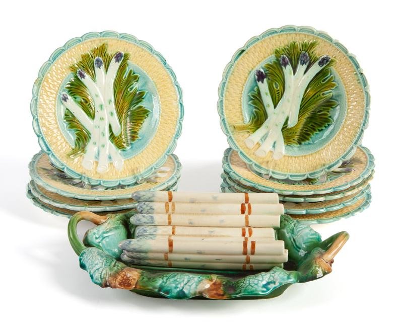 Majolica asparagus serving articles, (1 of 6)