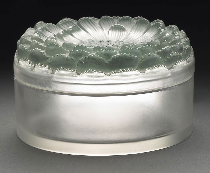R. Lalique "Dahlia" frosted glass powder box: with green patina and green enameled stamen. Stenciled signature, "R. LALIQUE FRANCE". M. #620, P. 346. 2.75"H x 4.5" Dia., Circa - 1934.