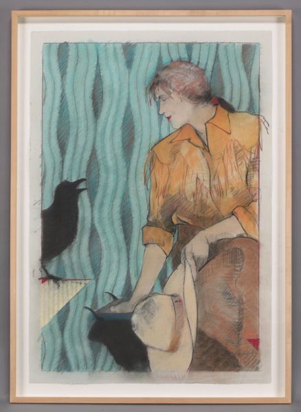 Donna Howell-Sickles, "Half Truths III" mixed: media on paper. Paper: 44"H x 30"W; Frame: 49"H x 34.75"W. Signed lower right, "Donna Howell-Sickles 90". Donna Howell-Sickles (American, b. 1949) is known for action cowgirl figure paintings.