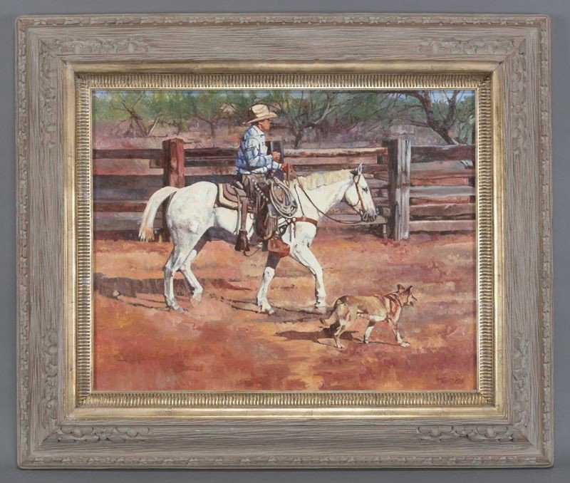 Tom Dorr, "Headin' Out" oil on canvas.: Canvas: 22"H x 28"W; Frame: 33"H x 38"W. Signed lower right, "Tom Dorr". Tom Dorr (American, b.1950) paints contemporary working cowboys. Circa - 2004.