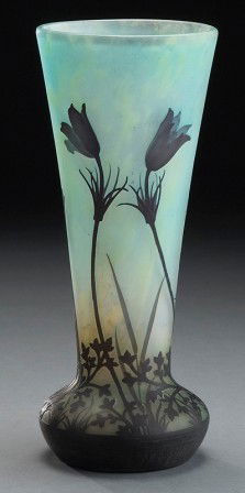 Daum Nancy cameo glass vase of trumpet form,: the surface decorated with black violets and foliage on a mottled blue ground. Signed, "Daum Nancy". 13.5"H, Circa - Early 20th C.
