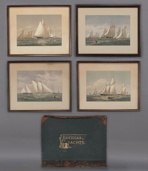 Frederic Schiller Cozzens portfolio of chromo-: lithographs titled, "Typical American Yachts", published by Charles Scriber's Sons, 1884. Including the portfolio, frontispiece, (15) loose chromolithographs (titles availible) and (4) framed chromoli