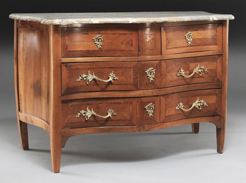 Louis XV style marble top commode,: the serpentine front fitted with two short drawers and two long drawers, having ormolu pulls and escutcheons, resting on square tapered feet. 32.25''H x 50.5''W x 24.5''D, Circa - 1900.