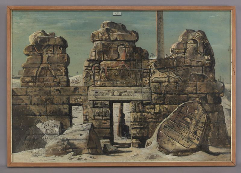 Eugene Berman, "Ruderi, Rilievi e Obelisco" oil: painting on canvas. Canvas: 27''H x 38.75''W; Frame: 28''H x 39.75''W. Signed and dated upper center, "EB 1964"; signed, titled and dated verso. Eugene Berman (Russian/American, 1899-1972).