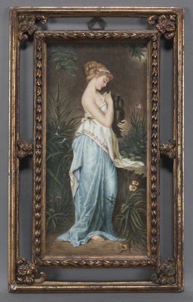 KPM Berlin painted porcelain plaque depicting: a maiden in a garden. Initialed lower right, "H". The verso impressed with "KPM", scepter and other various marks. Plaque: 12.5''H x 6.5''W; Frame; 17"H x 10.5"W. Circa - Late 19th C.