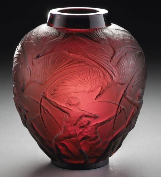 R. Lalique "Archers" dark amber vase: depicting archers taking aim at birds in flight. Engraved signature "R. Lalique France No. 893". M. #893, P. 415. 10.5"H, Circa - 1921.