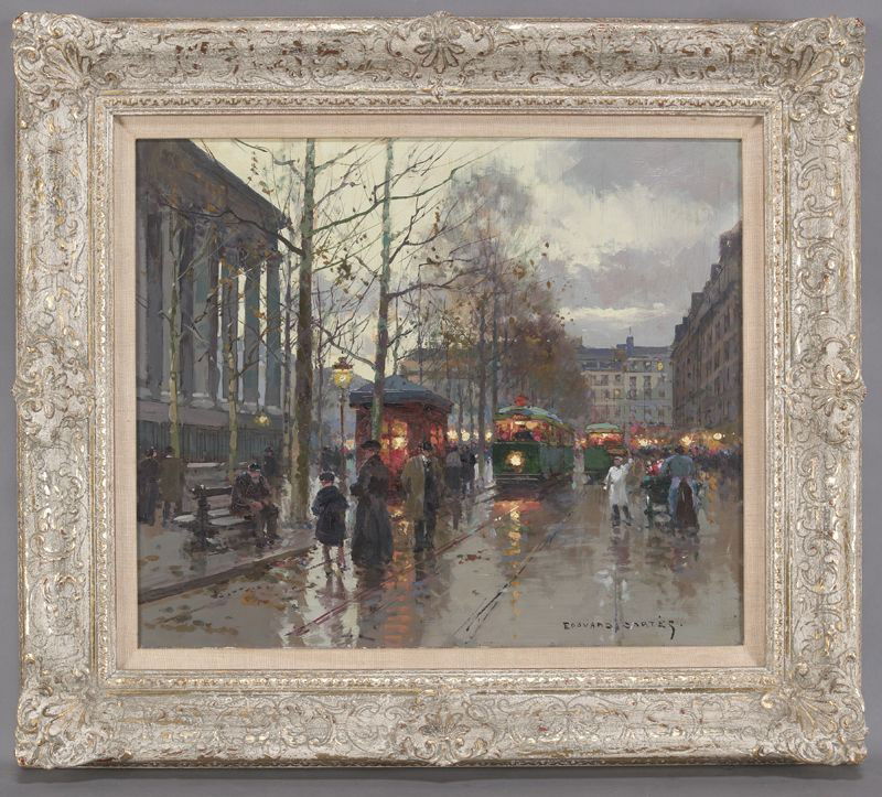 Edouard Leon Cortes oil painting on canvas, "Place: de la Madeleine". Canvas: 18.25''H x 21.75''W; Frame: 26.25''H x 29.5''W. Signed lower right, "Edouard Cortes". Edouard Leon Cortes (French, 1882-1969).