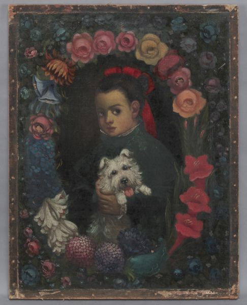 Horacio Renteria Rocha, "Portrait of Girl with: Dog" oil painting on canvas. Canvas: 25"H x 19.5"W; Unframed. Signed lower right , "Horacio". Horacio Renteria Rocha (Mexican, 1912-1973) was a traditional realist painter who started with landscapes