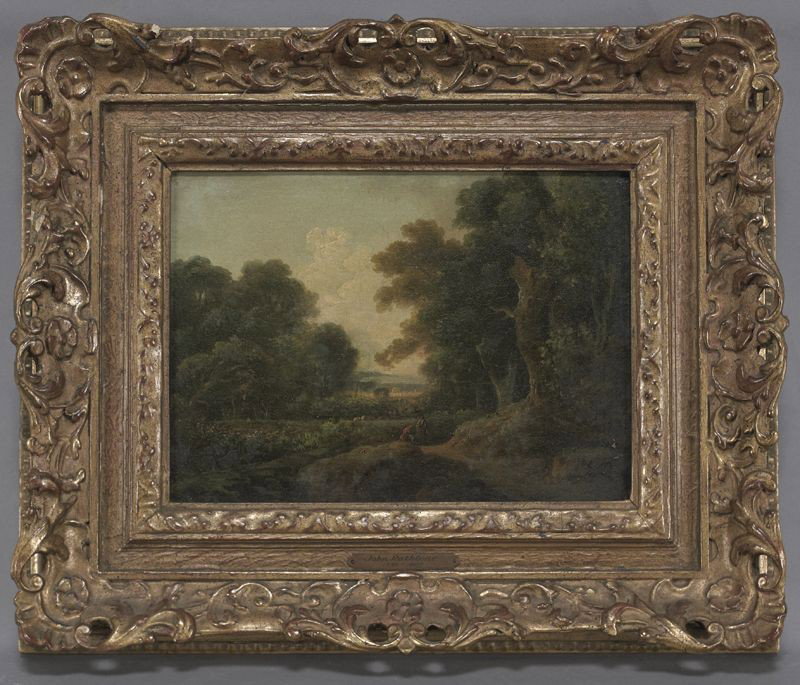 Attributed to John Rathbone, "Wooded Landscape: with Figures", oil painting on panel. Panel: 8"H x 10.75"W; Frame: 14"H x 17"W. Unsigned. Label on verso: "By John Rathbone 1750-1807 Native of Cheshire called the "Manchester Wilson". John Rathbone (