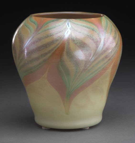 Trevaise yellow glass vase decorated with five: iridescent pulled feathers around the rim, the base with button pontil mark. Unsigned. 5"H, Circa - Early 20th C.