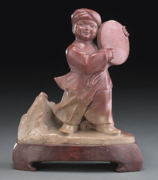 Chinese Cultural Revolution soapstone carving: depicting a boy holding a drum. 6.5"H, Circa - 1960.