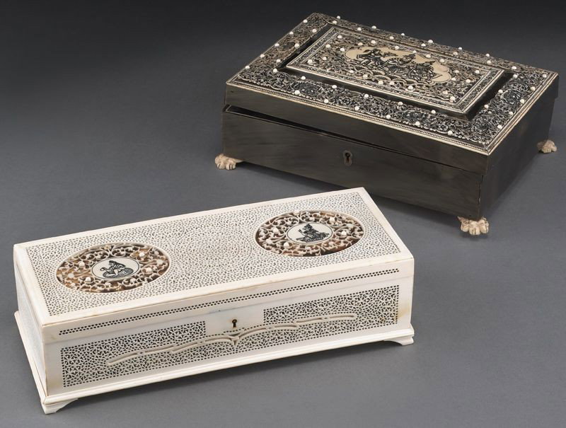 (2) Anglo-Indian ivory boxes including:: (International buyers should note that several countries do not allow the importation of lots containing materials made from endangered species. This includes, but is not limited to, ivory, coral and 