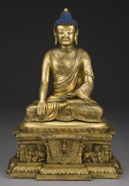 Chinese Qing style gilt bronze Buddha,: seated on a lotus throne, hands in Buddhist mudra. 14.75"H,