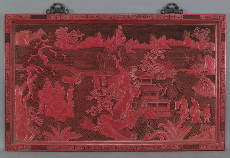 Chinese carved cinnabar panel: depicting figures in a landscape. 24.5"H x 39"W, Circa - 20th C.