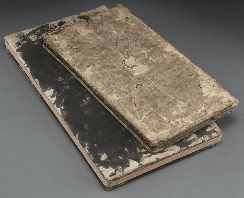 (2) Chinese stone rubbing calligraphy albums by: Dong Qi Chang: "Xi Xia Temple," 500 Lohan painting, and "Zhou Jin Tang Ji". Largest, open: 32"L x 7"W, Circa - 17th C.
