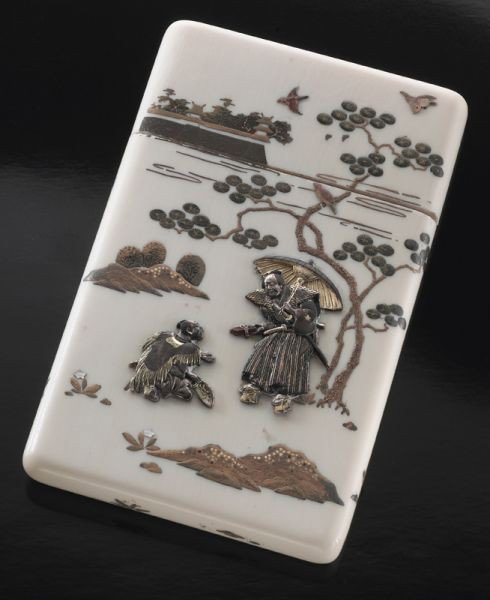 Japanese carved ivory shibayama style card case: (International buyers should note that several countries do not allow the importation of lots containing materials made from endangered species. This includes, but is not limited to, ivory, coral and 