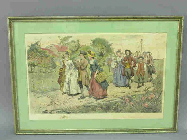 In the manner of Leon Moran "May Festiva: In the manner of Leon Moran "May Festival-Colonial Days" etched by Emil Milo. Framed: 30 1/2"H x 43"W . The frame is contemporary. Site:22 1/2"H x 36"W, Circa - Late 19th - early 20th C. 20143 28245