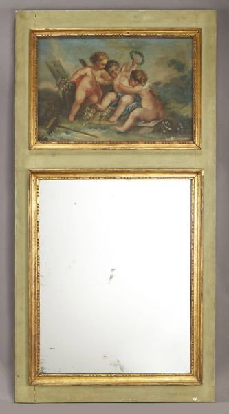 Louis XVI style painted and gilt trumeau mirror: Louis XVI style painted and gilt trumeau mirror of rectangular form, the lower mirror surrounded by a gilt frame with similar framed oil on canvas above, depicting three cherubs. 53"H x 27"W, Circa - 