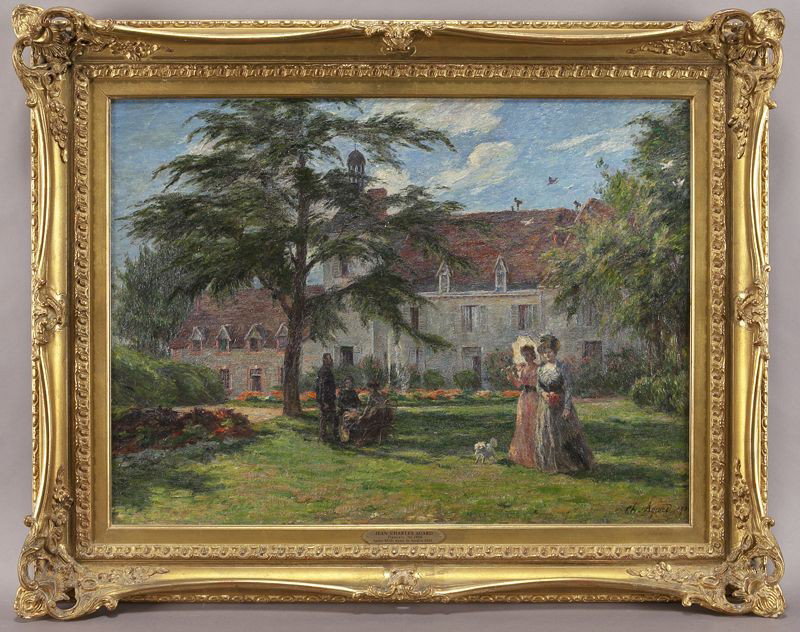 Charles-Jean Agard, "Apres-Midi dans le Jardin": Charles-Jean Agard, "Apres-Midi dans le Jardin" oil on canvas. Canvas: 24"H x 32"W; Frame: 32.5"H x 40.25"W. Signed and dated lower right, "Ch. Agard 1901". Charles-Jean Agard (French, 1866-1950) was 