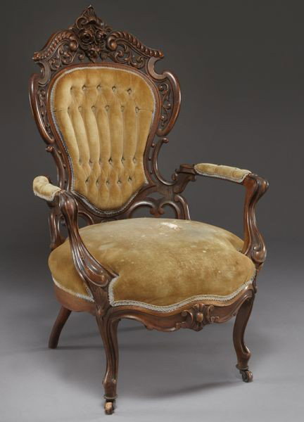 J. & J. Meeks "Stanton Hall" pattern arm chair,: J. & J. Meeks "Stanton Hall" pattern arm chair, rosewood, in the Rococo Revival style, having an arched floral carved crest over an upholstered cartouche shaped back flanked by reticulated C. S. carve