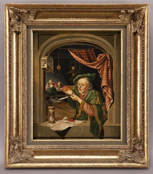 After Gerrit Dou, "The Scribe Master" oil: After Gerrit Dou, "The Scribe Master" oil painting on wood panel. Panel: 15.5"H x 12.75"W; Frame: 22"H x 18.5"W. Unsigned. Original of painting in collection of Gemaldegalerie Alte Meister in Dresden,