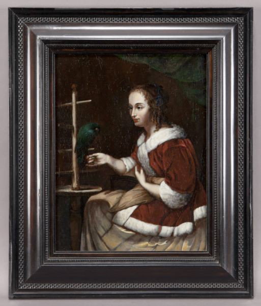 After Frans van Mieris, "Le Perroquet Favore" oil: After Frans van Mieris, "Le Perroquet Favore" oil on tin. Tin: 17.25"H x 13.5"W; Frame: 23.75"H x 20"W. Inscribed verso with title and artist name. Frans van Mieris (Dutch, 1635-1681) was a genre pain